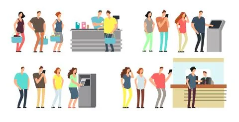 Queues of people vector set. Man and woman standing in line at atm, terminal and Stock Illustration