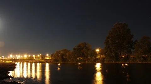 Quey at night. Moon over river, Timelapse. Stock-Footage 40742876