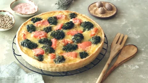 Quiche or pie with salmon and broccoli. French cuisine. Stock Footage 267185089