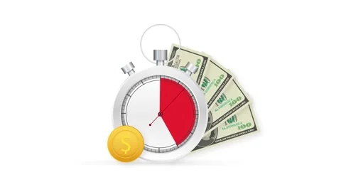 Quick credit. Clock and bag, time is money, fast loan, payment period, savings Vídeo Stock 159982070