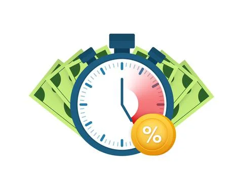 Quick credit percent. Clock and bag, time is money, fast loan, payment period Stock Illustration