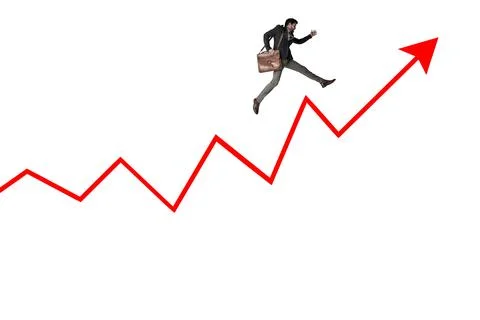The quick dash to make easy cash. a businessman carrying a bag and running above Stock Photos