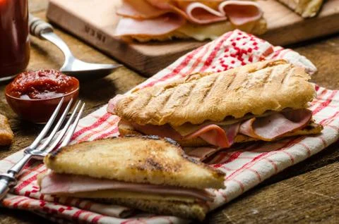 Quick dinner, toast with ham and cheese Stock Photos
