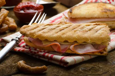 Quick dinner, toast with ham and cheese Stock Photos