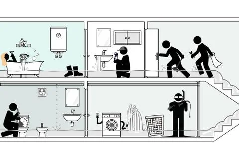 Quick emergency response to flooded bathroom Stock Illustration