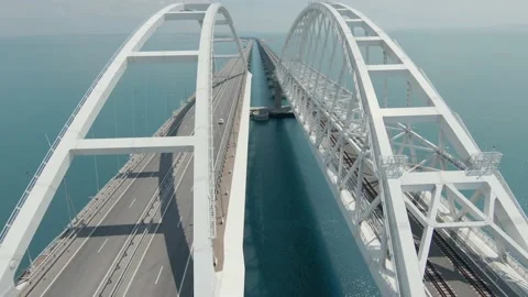 A quick flight between the arches of the empty Crimean bridge Stock Footage 230155985