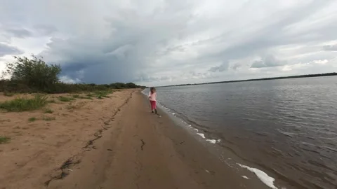 A quick flight over the river bank, it’s summer outside and the deserted beach Stock Footage 280851471