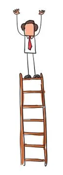 Quick hand drawn faceless businessman character on top of wooden ladder. Stock Illustration