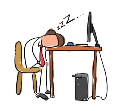 Quick hand drawn faceless businessman character tired and sleeping on compute Ilustração Stock