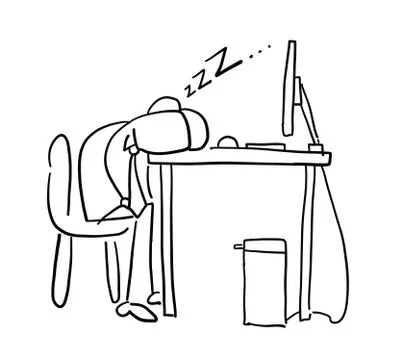 Quick hand drawn faceless businessman character tired and sleeping on compute Ilustração Stock