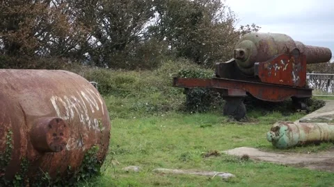 Quick loading 12-pounder muzzle loading gun on rails on Drakes Island. Stock Footage 138958068