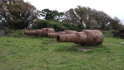 Quick loading 12-pounder muzzle loading gun on rails on Drakes Island. Stock Footage 138958272