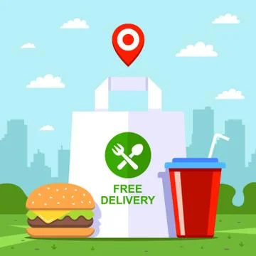 Quick lunch in the park. delivery of fast food from a cafe. Stock Illustration