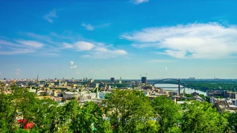 Quick motion of clouds over historical district of Kyiv - Podil Stock Footage 205047171