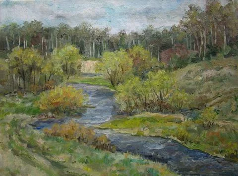 Quick river in may, spring in Russia, oil painting Stock Illustration