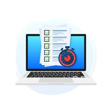 Quick survey. Badge icon. Check list and stopwatch. Exam application. Quick Stock Illustration