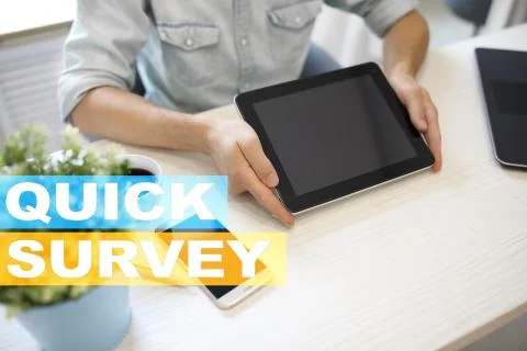 Quick survey text on virtual screen. Feedback and customers testimonials Stock Photos