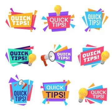 Quick tip. Helpful tricks and advice blog post badges with idea light bulb and Stock Illustration