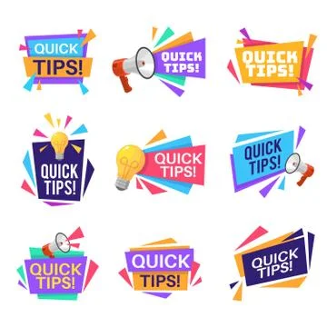 Quick tip labels. Helpful tricks and advice blog post badges with idea light Stock Illustration
