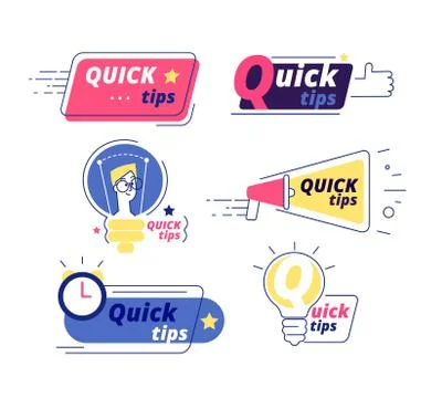 Quick tip. Tricks quick tips solution logos helpful advice text shapes isolated Stock Illustration