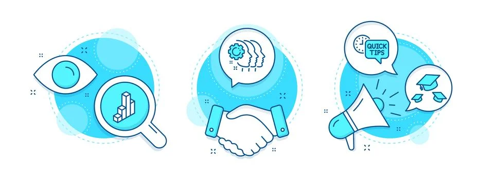 Quick tips, 3d chart and Employees teamwork icons set. Throw hats sign. Vector Illustrazione stock