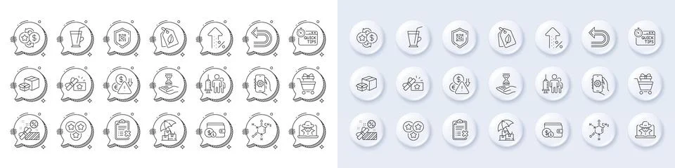 Quick tips, App settings and Deflation line icons. For web app, printing. Line Illustrazione stock