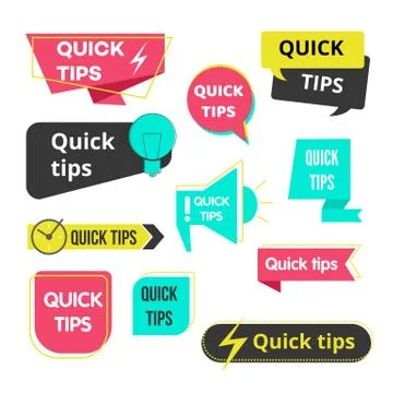 Quick tips bubbles and banners set of vector icon illustrations isolated on w Stock Illustration