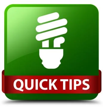 Quick tips (bulb icon) green square button red ribbon in middle Illustrazione stock