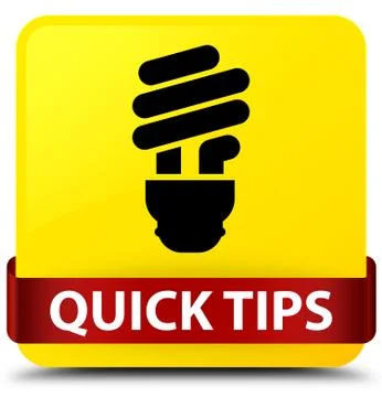 Quick tips (bulb icon) yellow square button red ribbon in middle Stock Illustration