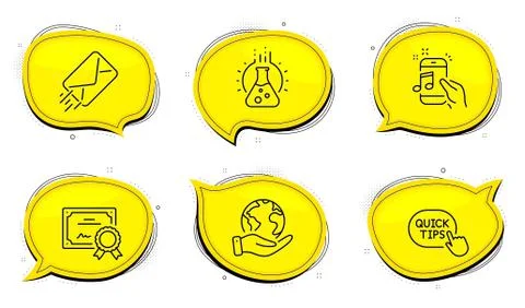 Quick tips, E-mail and Chemistry lab icons set. Music phone sign. Helpful tricks Stock Illustration