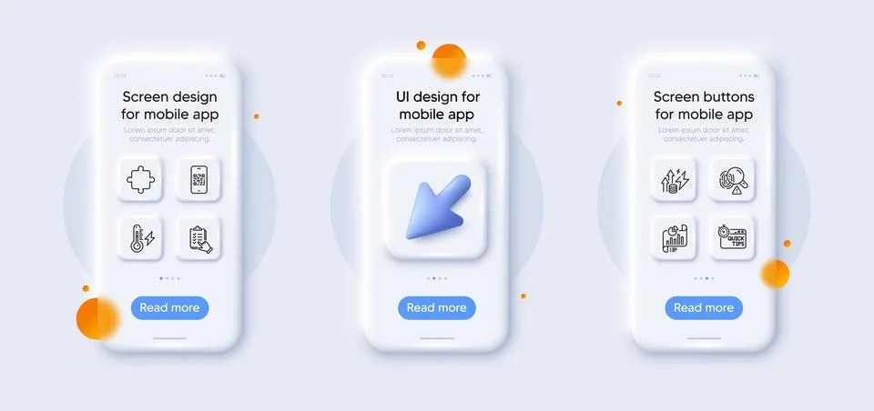 Quick tips, Electricity power and Qr code line icons pack. For web app. 3d phone Stock Illustration