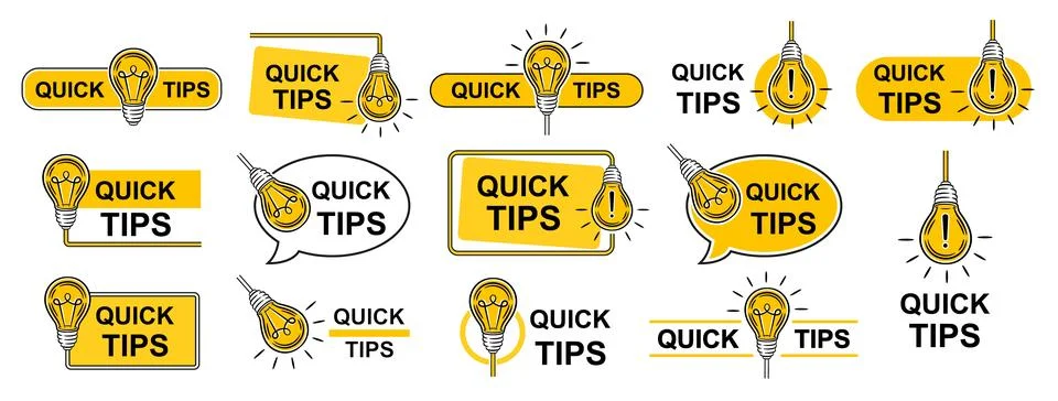 Quick tips, helpful advice, hint, learning information with light bulb icon set Stock Illustration