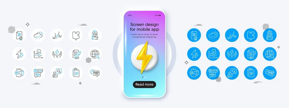 Quick tips, Inspect and Puzzle line icons. For web app, printing. Phone mockup Illustrazione stock