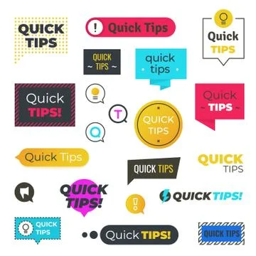 Quick tips logos and banners. Helpful tricks shapes, advices and suggestions Stock Illustration