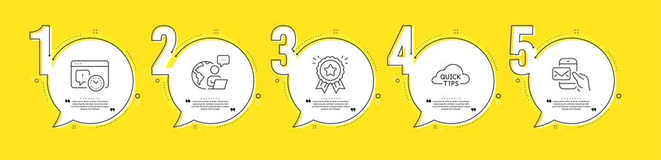 Quick tips, Messenger mail and Project deadline icons set. Loyalty award sign Illustrazione stock