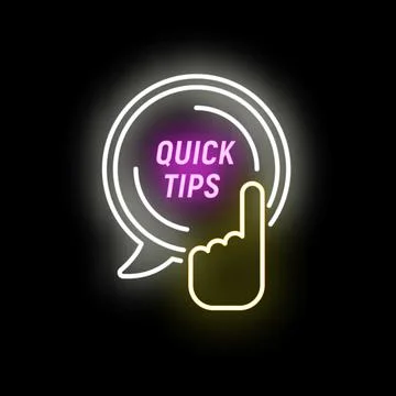 Quick tips neon sign pointing finger icon Stock Illustration