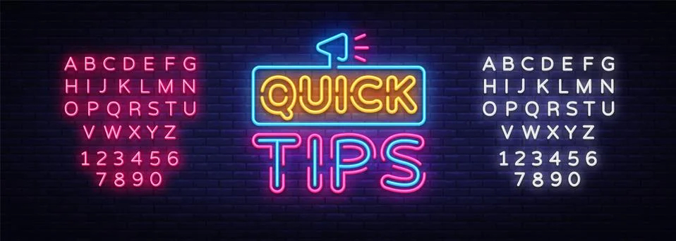 Quick Tips neon signs vector. Quick Tips Design template neon sign, light banner Illustrazione stock