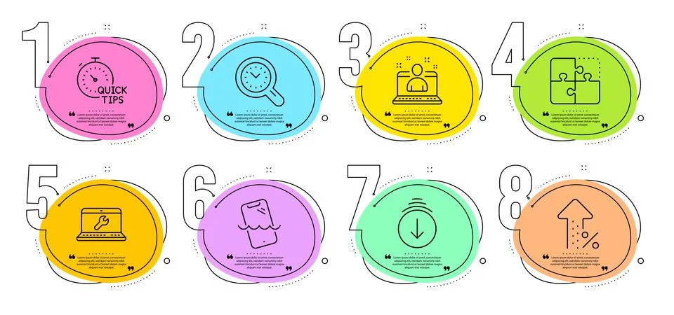 Quick tips, Scroll down and Best manager icons set. Smartphone waterproof, Time Stock Illustration
