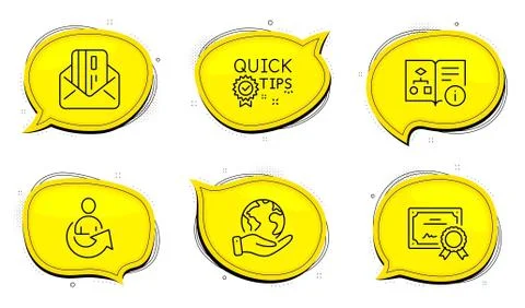 Quick tips, Share and Credit card icons set. Technical algorithm sign. Helpful イラスト素材