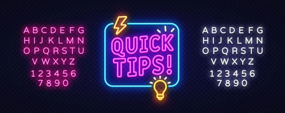Quick tips vector banner with icons. Neon square frame, lightbulb, and glowing Stock Illustration