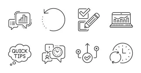 Quick tips, Web analytics and Time management icons set. Recovery data, Update Stock Illustration