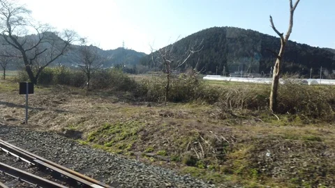 Quickly Side view from a passenger train of the picturesque countryside Stock Footage 129300333