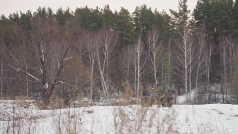 Quiet ATV traverse through snowy fields and birch woods. Unaccompanied rider Stockbeeldmateriaal 334802661
