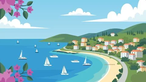 Quiet Bay Mediterranean Beach Flat Design Illustration Illustrazione stock