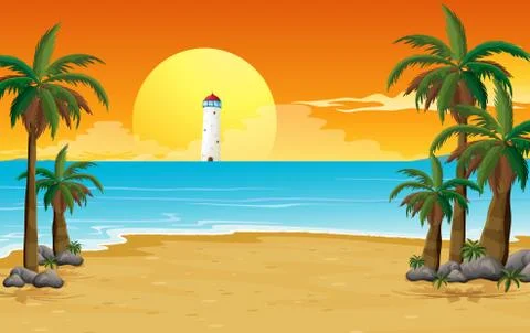 A quiet beach with a lighthouse Stock Illustration