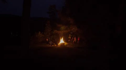 Quiet campfire surrounded by trees at night Stock-Fotos
