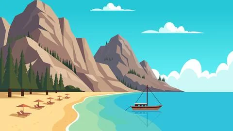 Quiet Cliffs Mediterranean Beach Flat Design Illustration Illustrazione stock