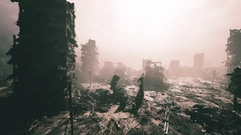 Quiet dawn shadows hide vigilant team navigating ruins carefully Stock Footage 331531362