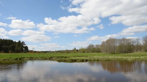 Quiet flow of the river against the forest and clouds Stock Footage 90194410