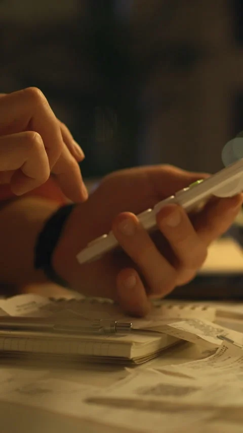 In a quiet home kitchen at night a young mans hand taps a calculator and not Stock Footage 331795071